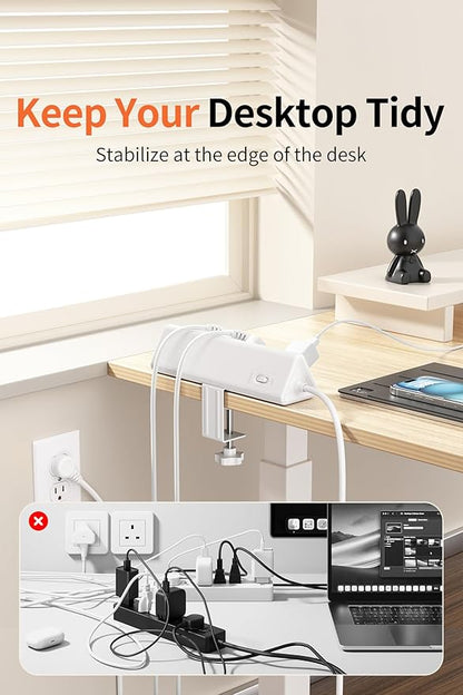 10 FT Desk Clamp Power Strip with 5 AC Outlets & 6 USB Ports PD 40W USB-C Fast Charging, 1250J Surge Protector, Fits 2.6 in top Edge White