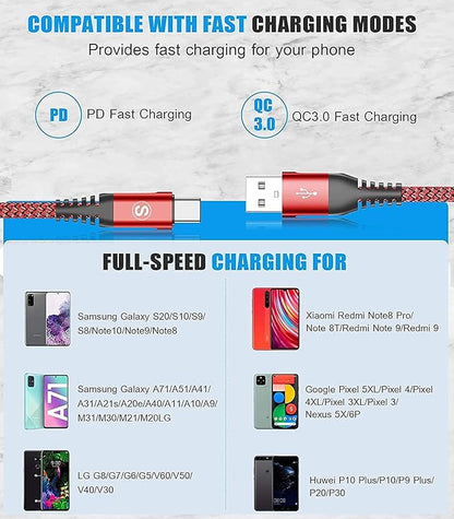 USB Type C Charger Cable [3Pack,10ft+6.6ft+3.3ft], Power Charging Cable for Kindle Fire HD 10 9th 2019 8 10th 2020 Paperwhite 11th 2021 Generation, Samsung Galaxy S21 S20 S10 A13 A33 A53
