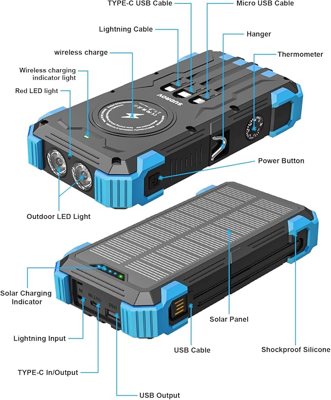 Solar Charger Power Bank, 42800mAh Wireless Portable Charger with USB-C in/Output, QC3.0 Fast Charging 15W 4 Ports Outdoor Battery Pack Built-in Dual Led Flashlights for iPhone Samsung etc