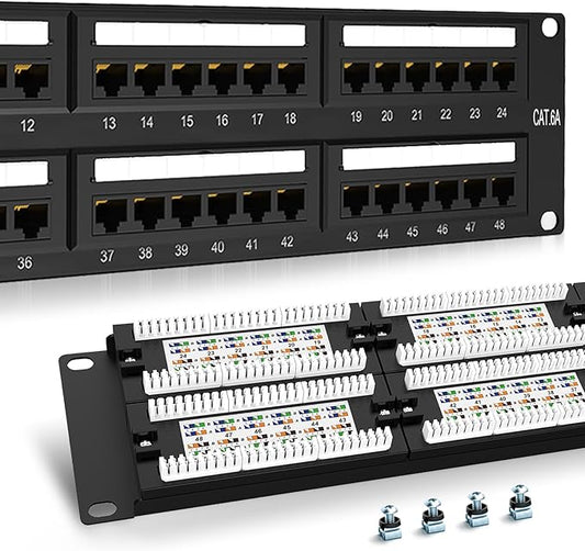 PBAEGAV Patch Panel 48 Port Cat6A 【EC Listed】 2U Network Patch Panel Rackmount 19 inch RJ45 Patch Panel for 10 Gigabit Network, 110 or Krone Impact Tools Compatible Without Cable Management (Cat6A)