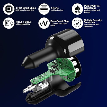URVNS 240W USB C Car Charger, Super Fast Charging 4-Ports PD3.1 140W/PD3.0 100W PPS 45W QC65W Type-C Car Adapter for MacBook Pro Laptop iPhone 16 15 Max iPad Samsung Galaxy S24/23 Pixel etc