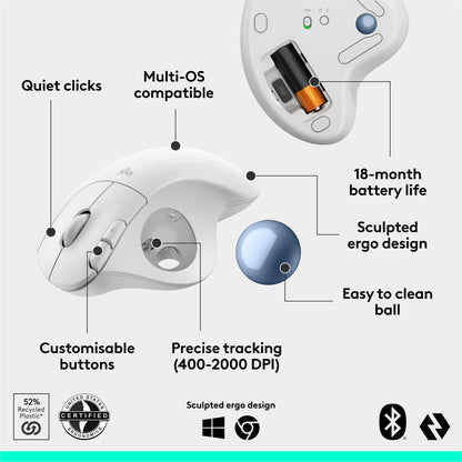 Logitech Ergo M575S Wireless Bluetooth Trackball Mouse- Off-White Blue Ball