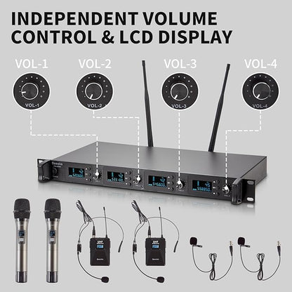 4 Channel Wireless Microphone System UHF 2 Cordless Handheld Mics and 2 Lavalier Headset Mics for Karaoke Church Speaking Conference Meeting Party, 4x25 Adjustable Frequency (2 Handheld + 2 Bodypack)