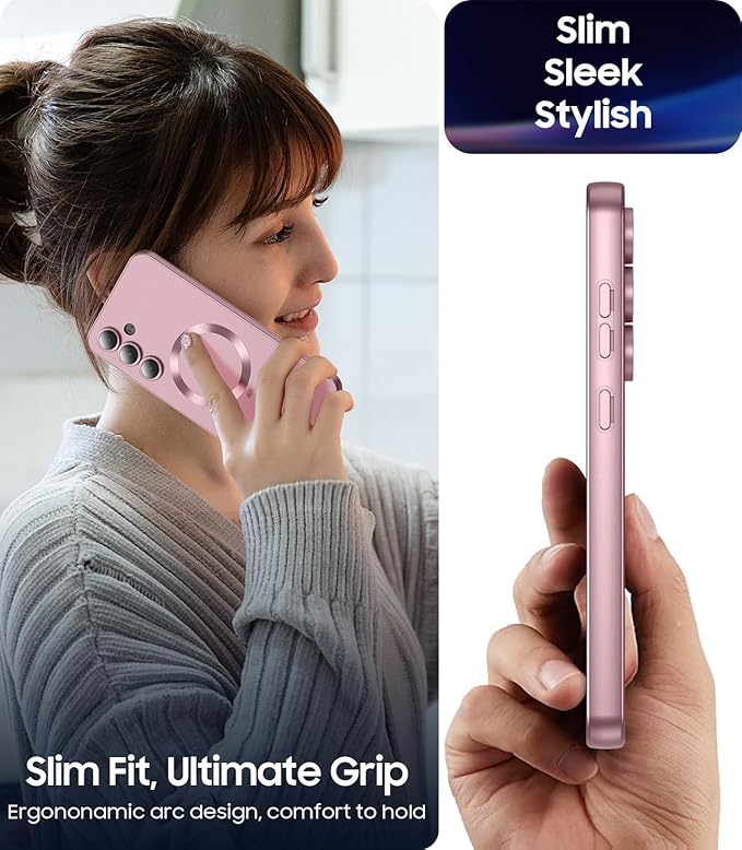 Magnetic for Samsung Galaxy S24 Plus Case [Compatible with MagSafe][Built-in Camera Lens Protector] Slim Soft Silicone Bumper Shockproof Metallic Luster Phone Case (Rose Gold)