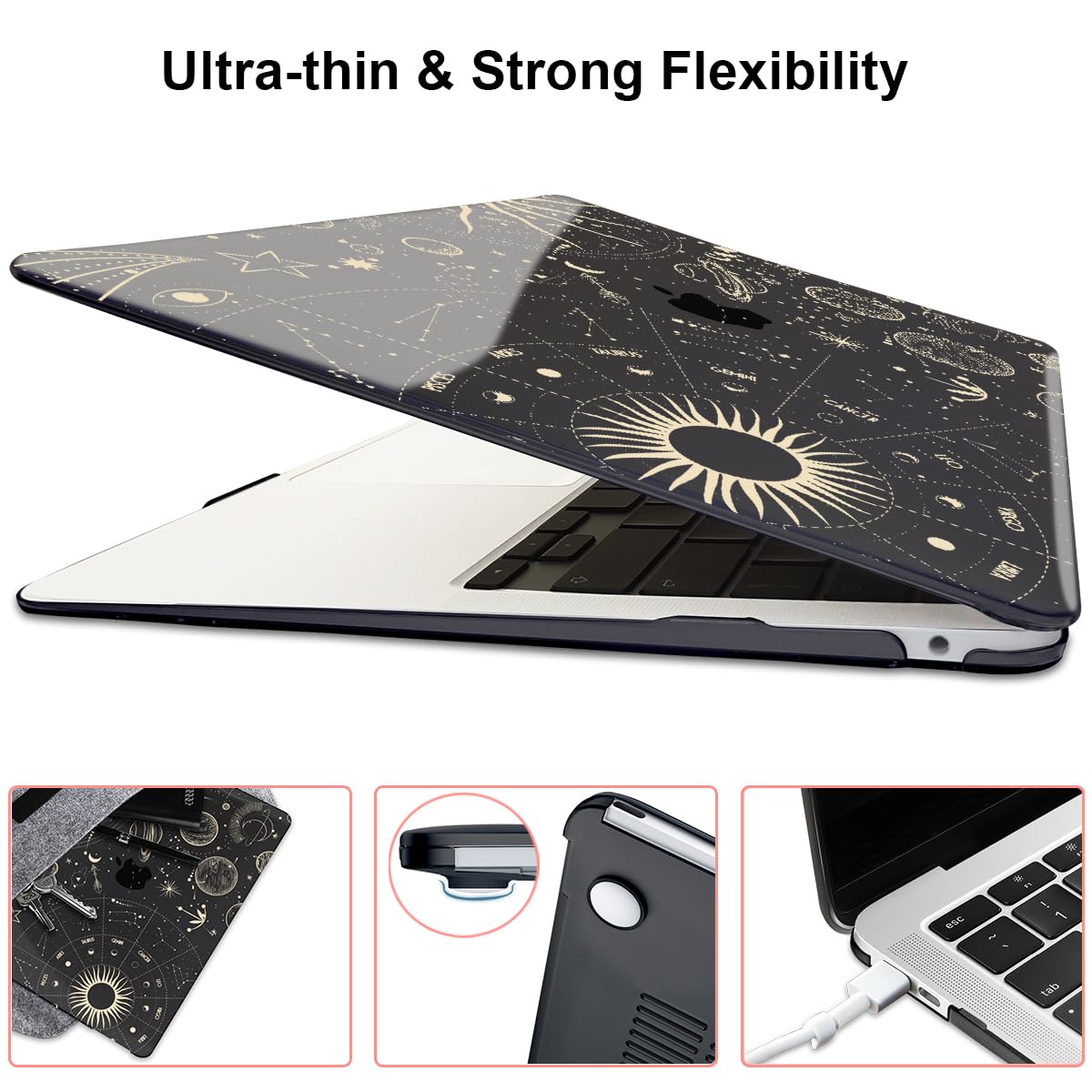LCMOCICO for MacBook Air 13 inch M1 Case 2021 2020 2019 2018 (Model M1 A2337 A2179 A1932) with Touch ID & Retina Display, Crystal Black Printed Pattern Hard Shell Case Keyboard Cover, Constellation