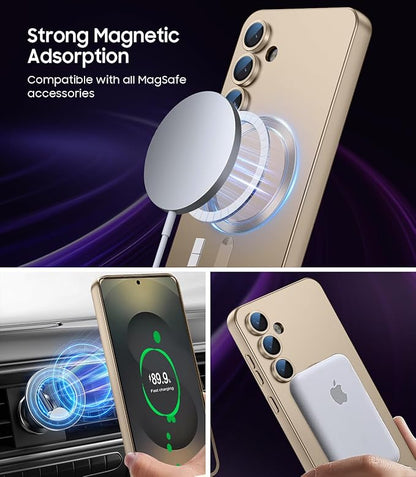 Magnetic for Samsung Galaxy S25 Case [Compatible with MagSafe][Built-in Camera Lens Protector] Slim Soft Silicone Bumper Shockproof Metallic Luster Phone Shell (Gold)