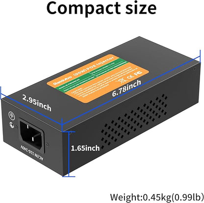 2.5Gb PoE Injector Adapter 90W, IEEE 802.3bt/at/af Compliant, Converts Non-PoE to PoE Network, 100/1000/2500Mbps RJ45, Up to 328 ft, Plug & Play (90W)