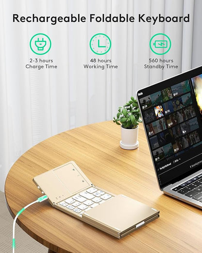 Samsers Foldable Bluetooth Keyboard with Touchpad - Portable Wireless Keyboard with Holder, Rechargeable Full Size Ultra Slim Pocket Folding Keyboards for Android Windows iOS Tablet & Laptop - Gold