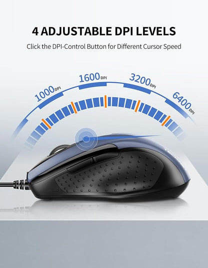 TECKNET USB Wired Mouse, 6-Button Corded Mouse with 4 Adjustable DPI, Optical Computer Mouse with Ergonomic Design and 5FT Cord for Laptop, Chromebook, PC, Desktop, Mac, Notebook-Blue