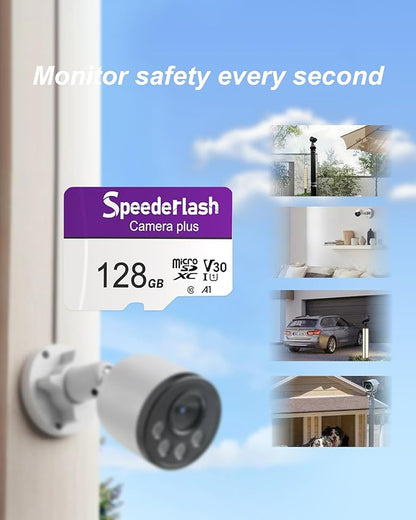 Micro SDXC Memory Card 128GB-Speederlash Camera Plus TF Card with Adapter, Up to 90MB/s Read Speed, 4K UHD&5K Video Support, U1, V30, A1 Rated, Waterproof, for Security Camera, Dashcam