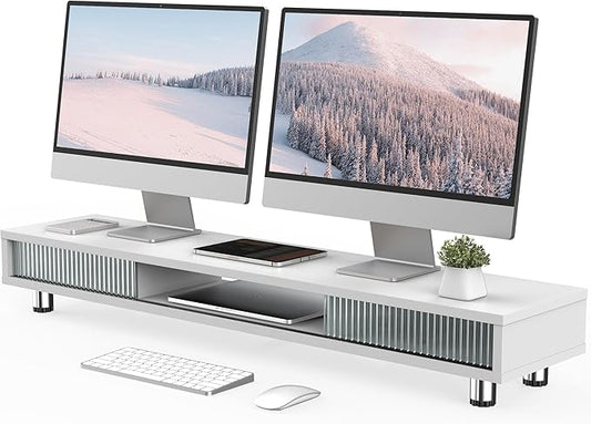Fenge Dual Monitor Stand, 42.5inch Long Monitor Stands Riser for 2 Monitors, Glass Sliding Door with Storage Organizer Stand for Desk, 2 Tier Desk Shelf for Laptop, Pc, Printer, Computer, TV
