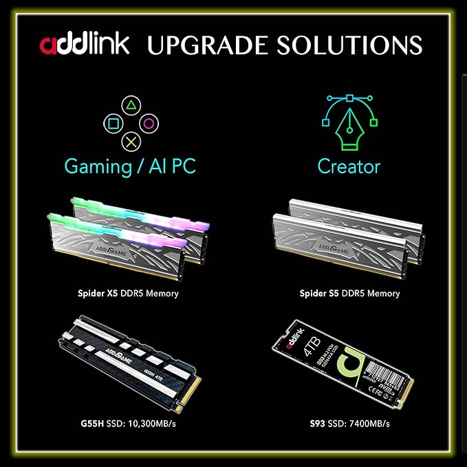 Addlink G55H 2TB PCIe 5.0 Gen5 NVMe M.2 SSD with Heatsink - Up to 10,300MB/s - Game Ready - Internal Solid State Drive - Compatible with PCs and PS5 (ad2TBG55HM2P)