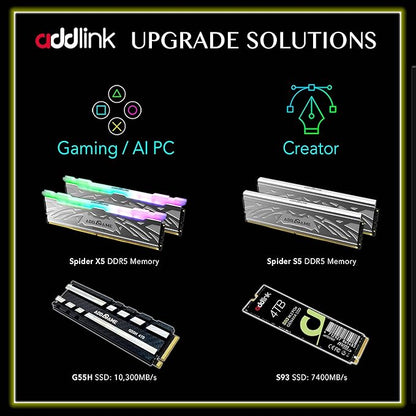 Addlink G55H 1TB PCIe 5.0 Gen5 NVMe M.2 SSD with Heatsink - Up to 10,200 MB/s - Game Ready - Internal Solid State Drive - Compatible with PCs and PS5 (ad1TBG55HM2P)
