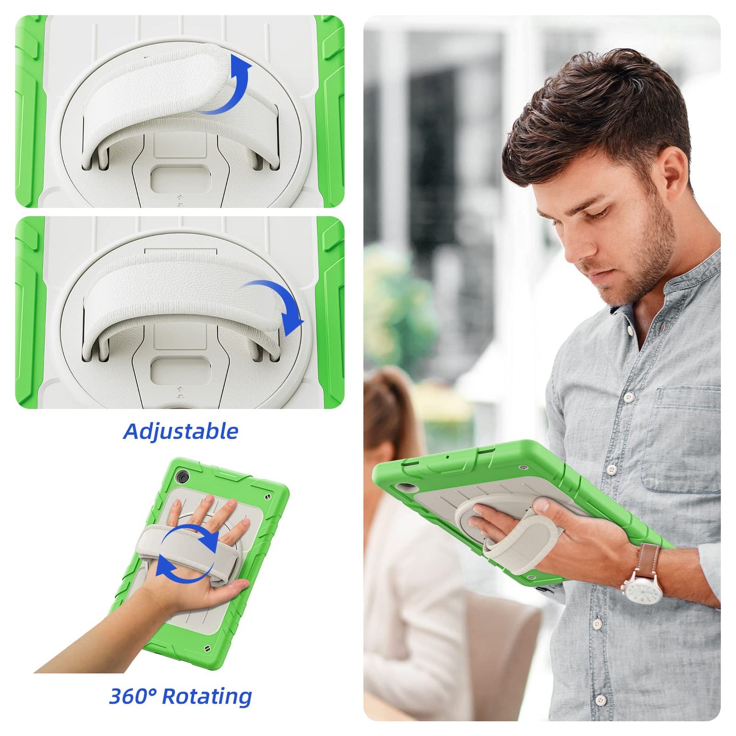 Stweap for Samsung Galaxy Tablet A8 Case 10.5 inch 2022 SM-X200/X205/X207 with Screen Protector [360 Rotating Stand] &Hand Shoulder Strap Shockproof Rugged Protective Cover|Green&Beige