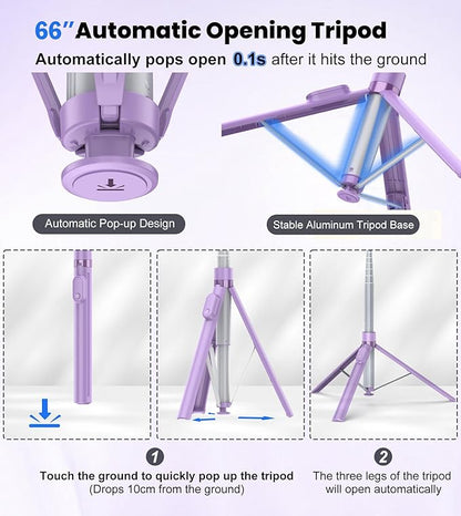TONEOF 66" Automatic Tripod,Auto-Open Phone Tripod Stand with Magnetic Rechargable Remote,Selfie Stick Tripod 360° Vertical & Horizontal Rotatable,Stable Travel Tripod for iPhone/Android(Purple)