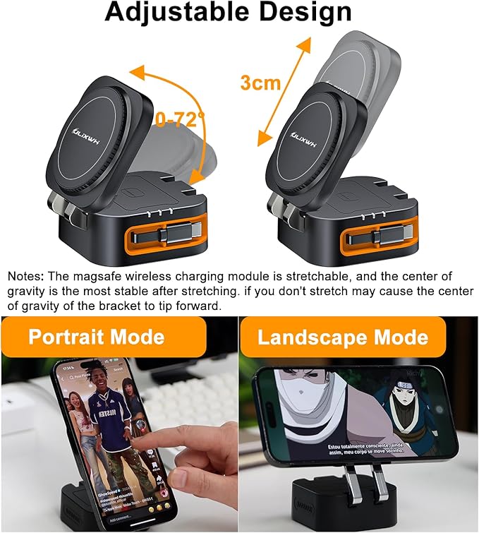 Retractable 3 in 1 Charging Station for Apple, 15W Fast for Magsafe Foldable Magnetic Wireless Charging Stand with Retractable Cable, for Travel, for iPhone 16/15/14/13, Apple Watch, AirPods