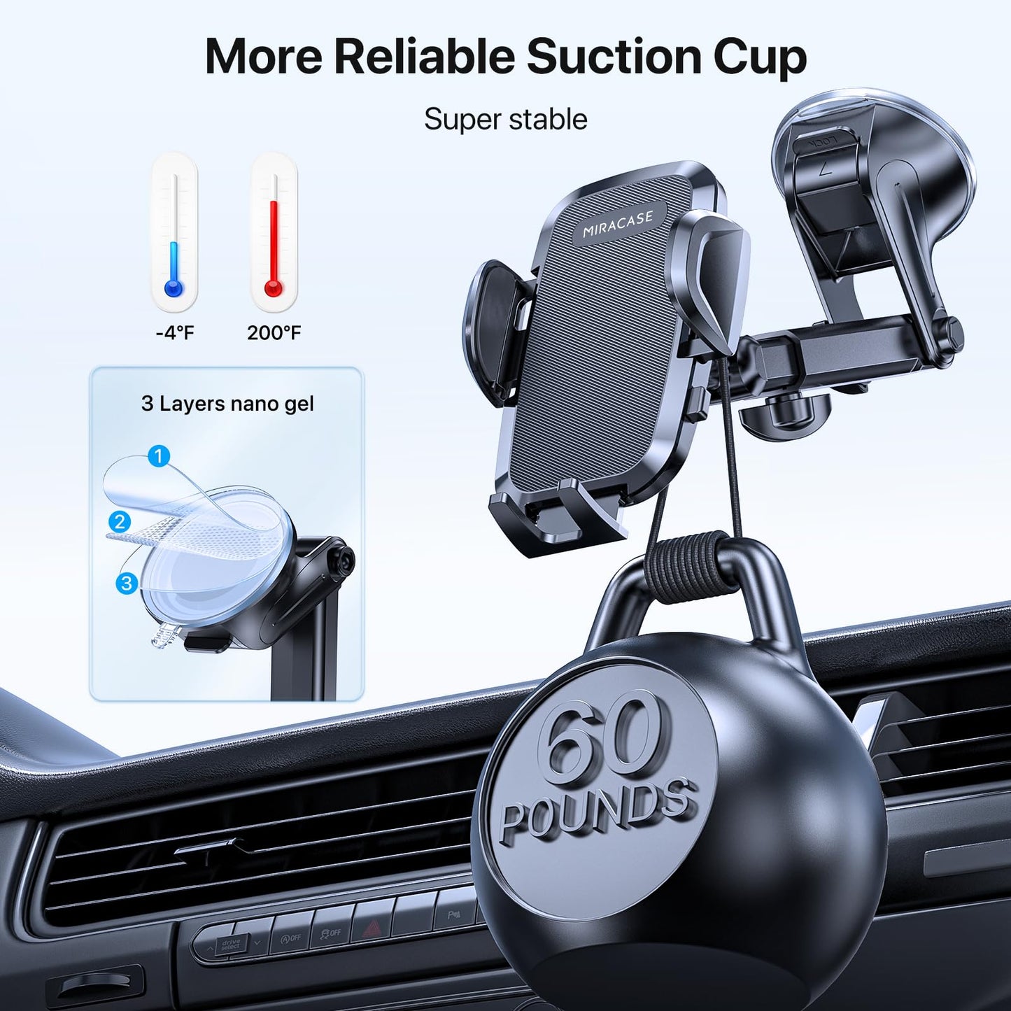 Miracase Phone Holders for Your Car, [Thick Case & Heavy Phone Friendly] Universal Cell Phone Car Mount, 3-in-1 Phone Mount for Car Dashboard Windshield Air Vent Fit for All Smartphones