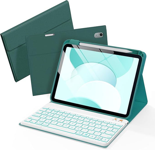 Senyoson for iPad A16 Case with Keyboard - 7 Color Backlit Magnetic Wireless Detachable Folio Keyboard Cover with Pencil Holder for iPad 11th 10th Generation, Cyan