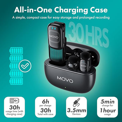 Movo NanoMic Wireless Lavalier Microphone for Camera – Clip-On TRS Wireless Mic System for DSLR, Camcorders, and Mirrorless Cameras – Dual Microphones with Charging Case for Video, Interviews
