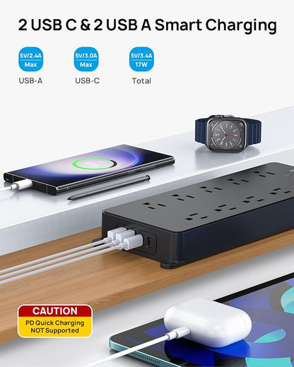 TROND Surge Protector Power Strip 10ft, 360° Rotating Flat Plug, 4000J, ETL Listed, 10 Widely Spaced Outlets, 2 USB A and 2 USB C, Wall Mountable, for Home Office Entertainment, Black