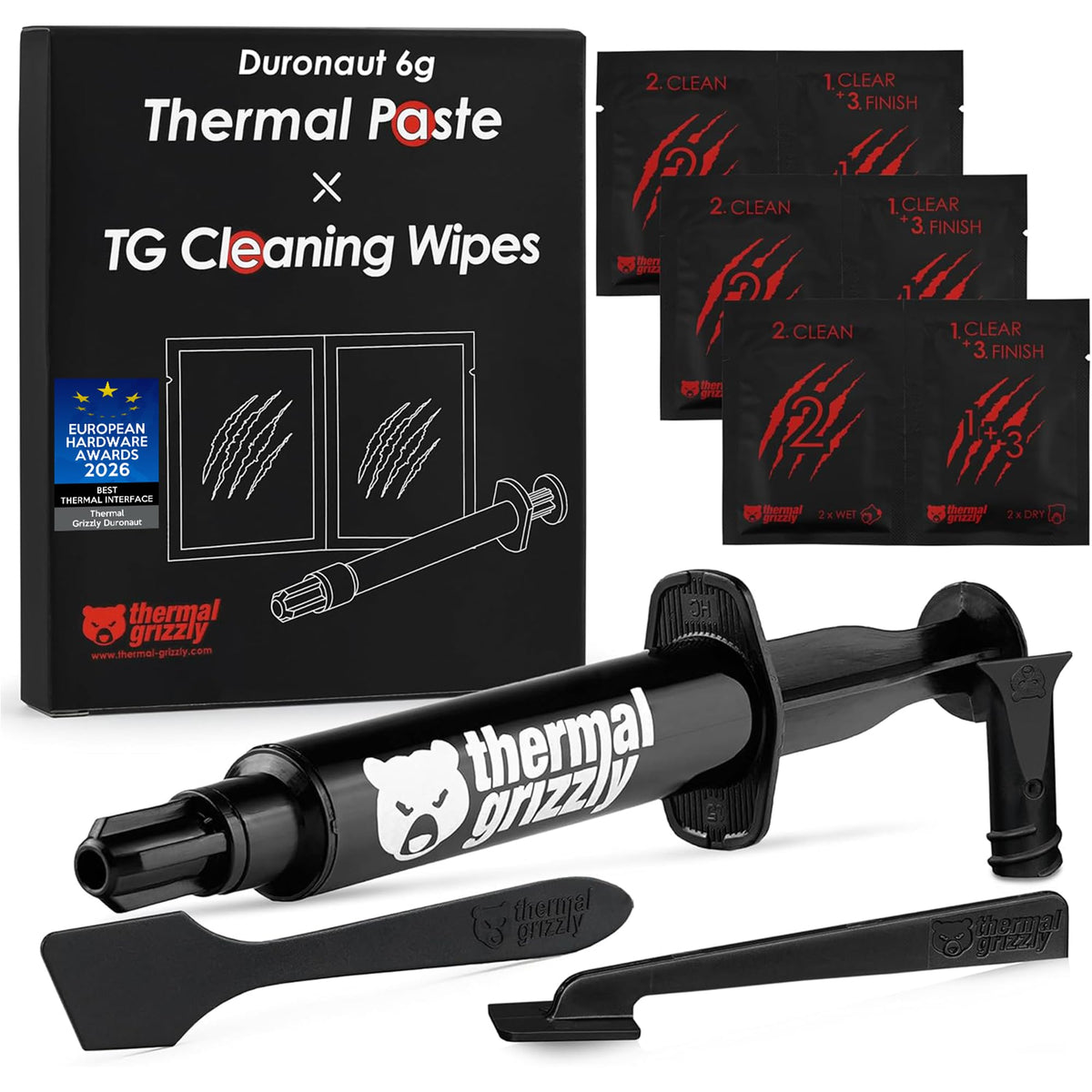 Thermal Grizzly - Duronaut - 6 Gram - Enhanced Durability & High Performance Thermal Paste - for Maximum Conductivity While Overclocking CPU/GPU/PS4/PS5/Xbox with 12 Cleaning Wipes 6 Wet & 6 Dry