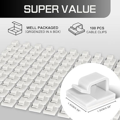 100PCS Cable Clips, Adhesive Wire Clips Strong Cord Clips Wire Holders, Cable Management Clips for Desk, Wall, Car, TV, Ethernet Cable (White, Small)