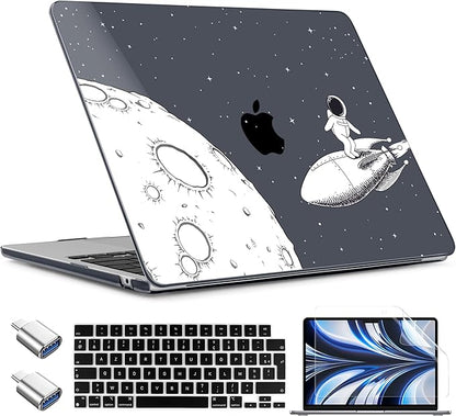TWOLSKOO Compatible with M4 MacBook Air 13.6 inch Case 2025-2022 Release M4 A3240 M3 A3113 M2 A2681, Plastic Hard Shell & Keyboard Cover & Type C Adapter & Screen Protector, Flying Astronauts