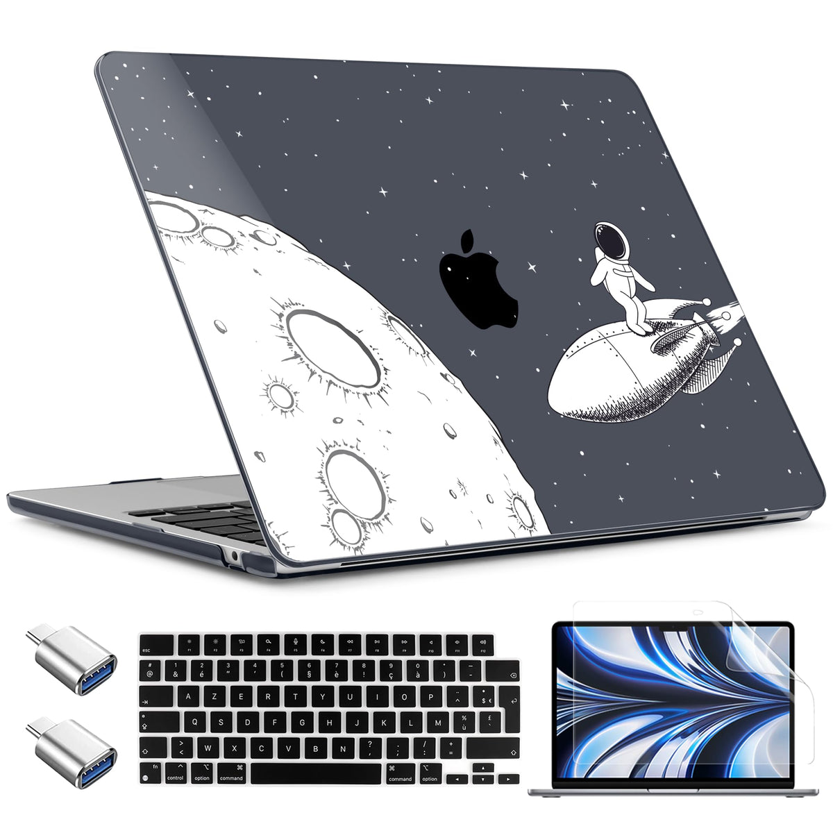 TWOLSKOO for MacBook Air 15 inch Case 2026 2025 2024 2023 Release M5 A3448 M4 A3241 M3 A3114 M2 A2941, Plastic Hard Shell & Screen Protector & Keyboard Cover & Type C Adapter, Graphite Marble