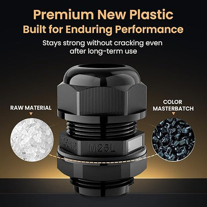 QILIPSU 50pcs M25L Long Thread Cable Gland Waterproof IP68 Nylon Strain Relief Cord Grip Cable Pass Through Wire Connector