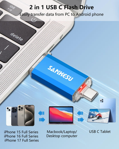 SANKESU 128GB 3 Pack 2-in-1 USB C Flash Drive USB-A+Type-C Dual Drive OTG,USB C Storage Flash Drive with LED Light Compatible with iPhone 17/16/15, Android Smartphone/Tablets/Computers