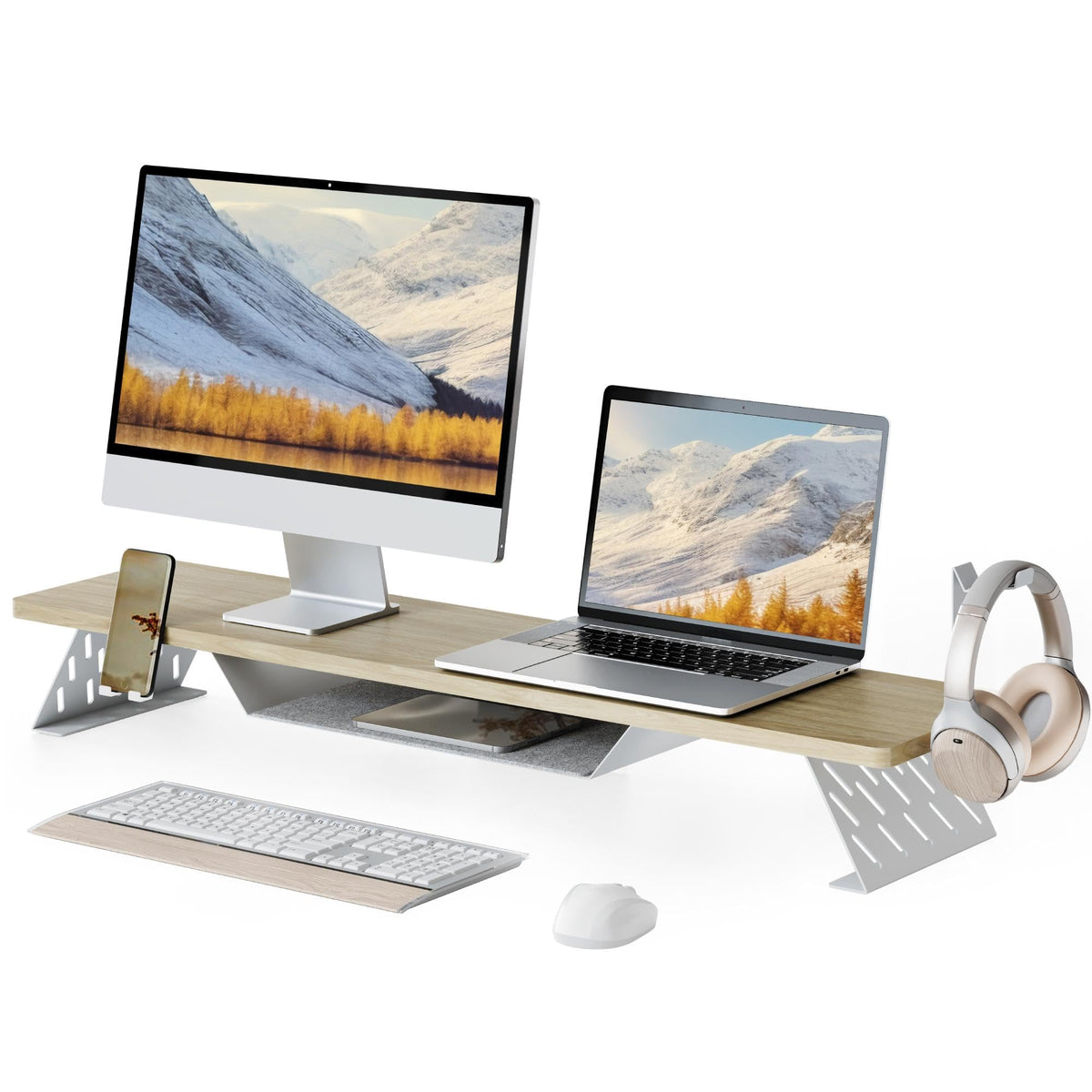Fenge Dual Monitor Stand, Wooden Desk Shelf with Headphone & Phone Holder