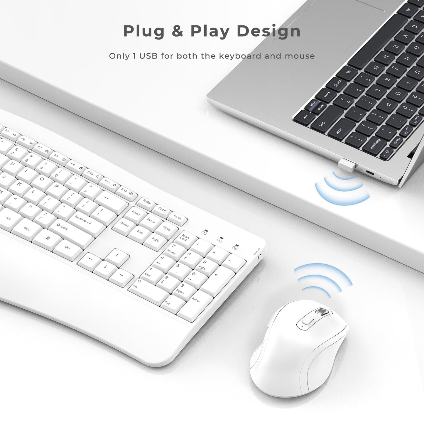Ergonomic Keyboard and Mouse Combo - Full Size Keyboard Cordless with Palm Wrist Rest Ergonomic Mouse Wireless for Windows Computers Laptops - White(Upgrade)