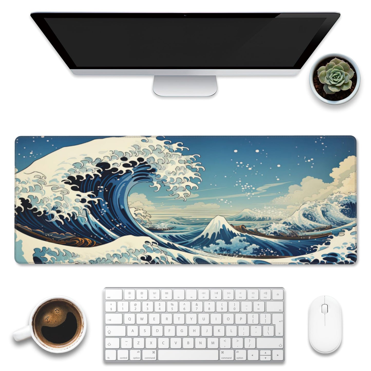 Eflxamz Desk Mat,Blue Japanese Sea Wave Desk Pad,Japanese Sea Wave Large Gaming Mouse Pad for Desk,Extended Big Computer Keyboard Mouse Pad with Non-Slip Base and Stitched Edge,31.5"x11.8"