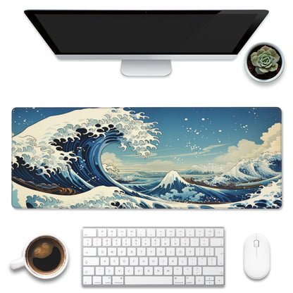 Eflxamz Desk Mat,Blue Japanese Sea Wave Desk Pad,Japanese Sea Wave Large Gaming Mouse Pad for Desk,Extended Big Computer Keyboard Mouse Pad with Non-Slip Base and Stitched Edge,31.5"x11.8"