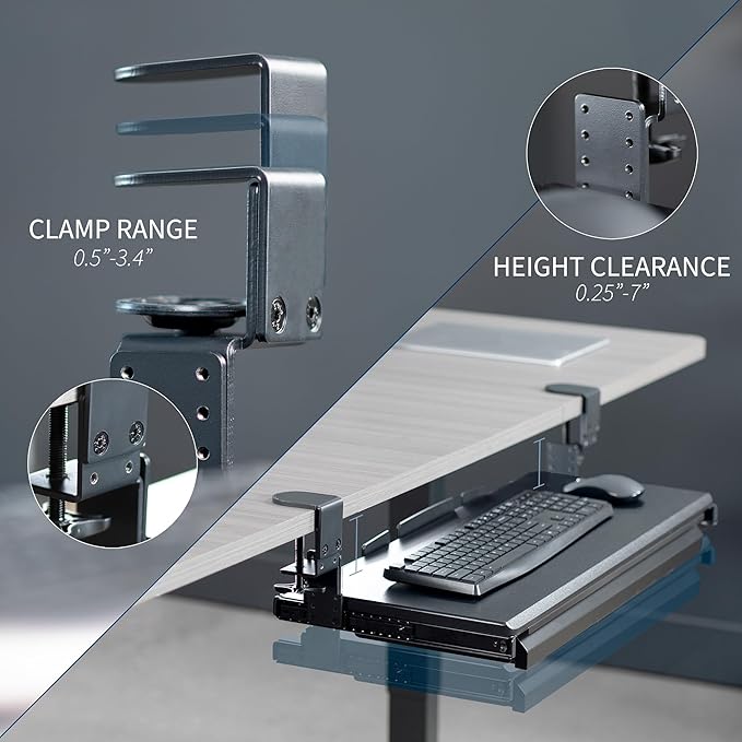 VIVO Large Height Adjustable Clamp-on Keyboard Tray, Extra Sturdy Pull Out Platform with Storage Drawer, 27 (33 Including Clamps) x 11 inch Slide-Out Tray with Organizer, Black, MOUNT-KB05HB-DR