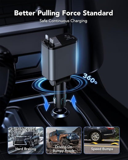 69W Retractable Car Charger, 4-in-1 Fast Car Phone Charger with 2.6ft Two Retractable Cables and USB C+USB A Car Charging Block Cube, Compatible with iPhone 16 15 14 13 12 Pro Max Plus,Galaxy,Pixel