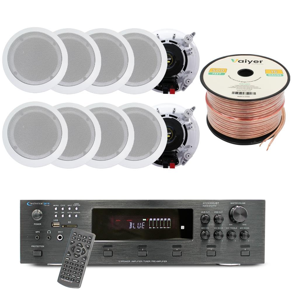 Vaiyer Home Audio System Kit, 6-Channel 6000 Watts Bluetooth Amplifier with 6.5" 10 Qty of 200 W Each in-Wall in-Ceiling Speakers & 16 AWG 500 ft. Speaker Wire - Perfect for Home, Office, Restaurants
