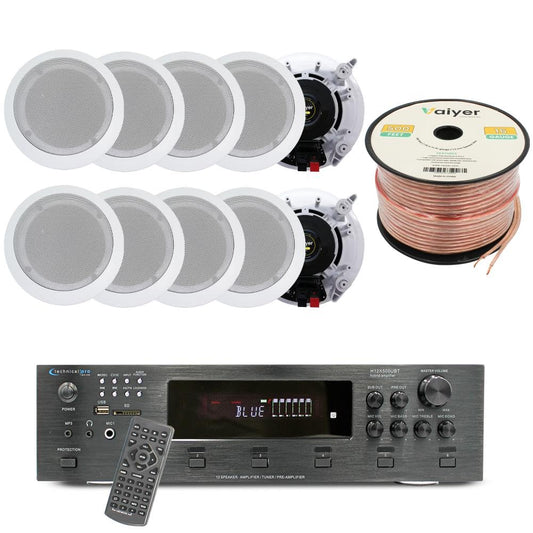 Vaiyer Home Audio System Kit, 6-Channel 6000 Watts Bluetooth Amplifier with 6.5" 10 Qty of 200 W Each in-Wall in-Ceiling Speakers & 16 AWG 500 ft. Speaker Wire - Perfect for Home, Office, Restaurants