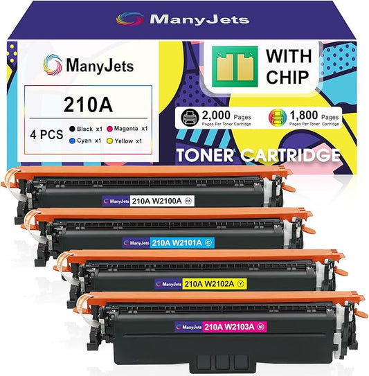 ManyJets 210A Toner Cartridges 4 Pack with Chip Compatible for HP 210A/210X W2100A/W2100X High Yield Replacement for Color LaserJet Pro MFP 4301fdw/4301fdn/4201dw/4201dn Series Printer (4-Pack, BCMY)