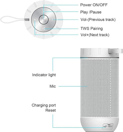comiso X26 Bluetooth Speaker, IPX4 Waterproof Speakers 360° HD Surround Sound with Punchy Bass, Wireless Dual Pairing, 24H Playtime, Portable Speaker for Shower, Home, Outdoor, Camping, Beach-White