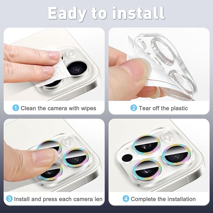 LucBuy 3PCS Sparkling Camera Lens Protector for iPhone 12 Pro Max, Full Clear Acrylic Lens Cover with Shiny Colorful Glitter Designed Decoration Back Camera Protector