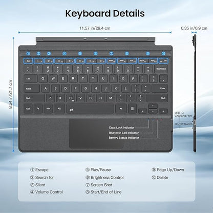 MoKo Type Cover Compatible with Microsoft Surface Pro 7 Plus 2021/ Pro 7 / Pro 6 / Pro 5 / Pro 4 /Pro 3, Lightweight Wireless Replacement Keyboard with Trackpad & Built-in Rechargeable Battery, Gray