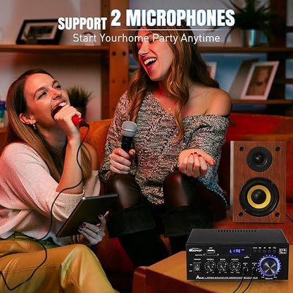 AK45 Pro Stereo Amplifier Home Audio, Stereo Receivers with Bluetooth 5.0,Max 400W, 2.0 Channel Audio Receiver for Home Theater Speakers w/USB/SD/RCA/2 MIC in for Karaok