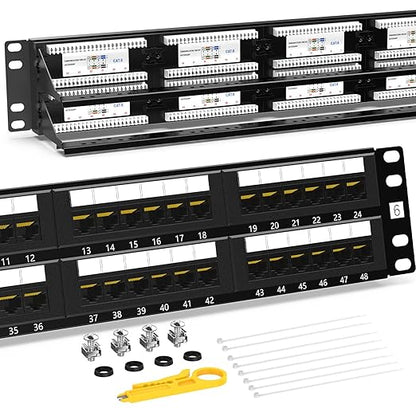 AMPCOM Premium Series CAT6 48 Ports Patch Panel, Rack Mount - 2U, 19 inch, RJ45 Ethernet 568A 568B, 15u Gold Plated, with Rear Cable Support Bar