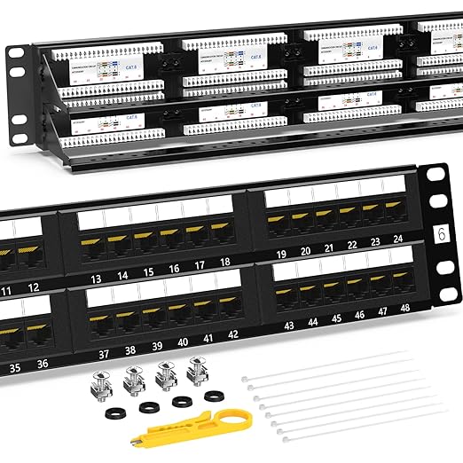 AMPCOM CAT6 48-Port Patch Panel 2U Rack Mount, 10Gbps with Cable Management