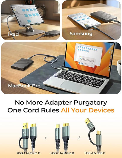 AINOPE 10Gbps Micro B to USB C External Hard Drive Cable 1.5FT, Nylon Braided External Hard Drive Cord Compatible with MacBook Pro/Air, Tablet/iPad, WD Seagate Toshiba Westgate, Samsung Galaxy S25