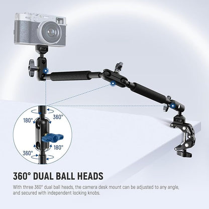 NEEWER 22" Magic Arm w Desk C Clamp, Overhead Camera Mount with Articulating Mic Boom Arm 1/4" 3/8" Threads for ARRI, Desktop Stand Holder for Phone Microphone Webcam Action Camera Video Light, UA057