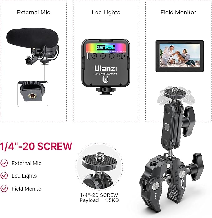 ULANZI Super Clamp Camera Clamp Mount Monitor 360° Ballhead Magic Arm Double Ball Head Adapter with 1/4"-20 & 3/8"-16 Thread for Canon Nikon DSLR Camera/Gopro/LED Lights/Ronin-M/Ronin MX/Freefly MOVI