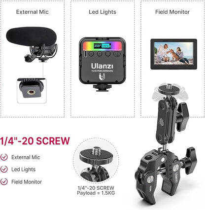 ULANZI Super Clamp Camera Clamp Mount Monitor 360° Ballhead Magic Arm Double Ball Head Adapter with 1/4"-20 & 3/8"-16 Thread ST-07 Phone Tripod Mount