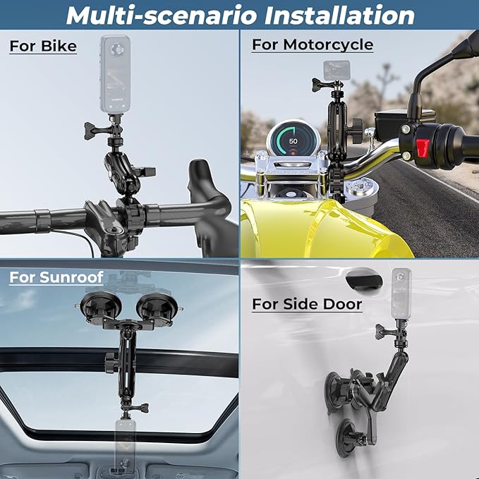 Suction Cup Car Mount - Aluminum Alloy Extendable Selfie Stick, Five 3.5" Large Suction Cup Car Windshield Camera Mount with Tripod Adapter Compatible with GoPro Insta360 DJI Action Cameras